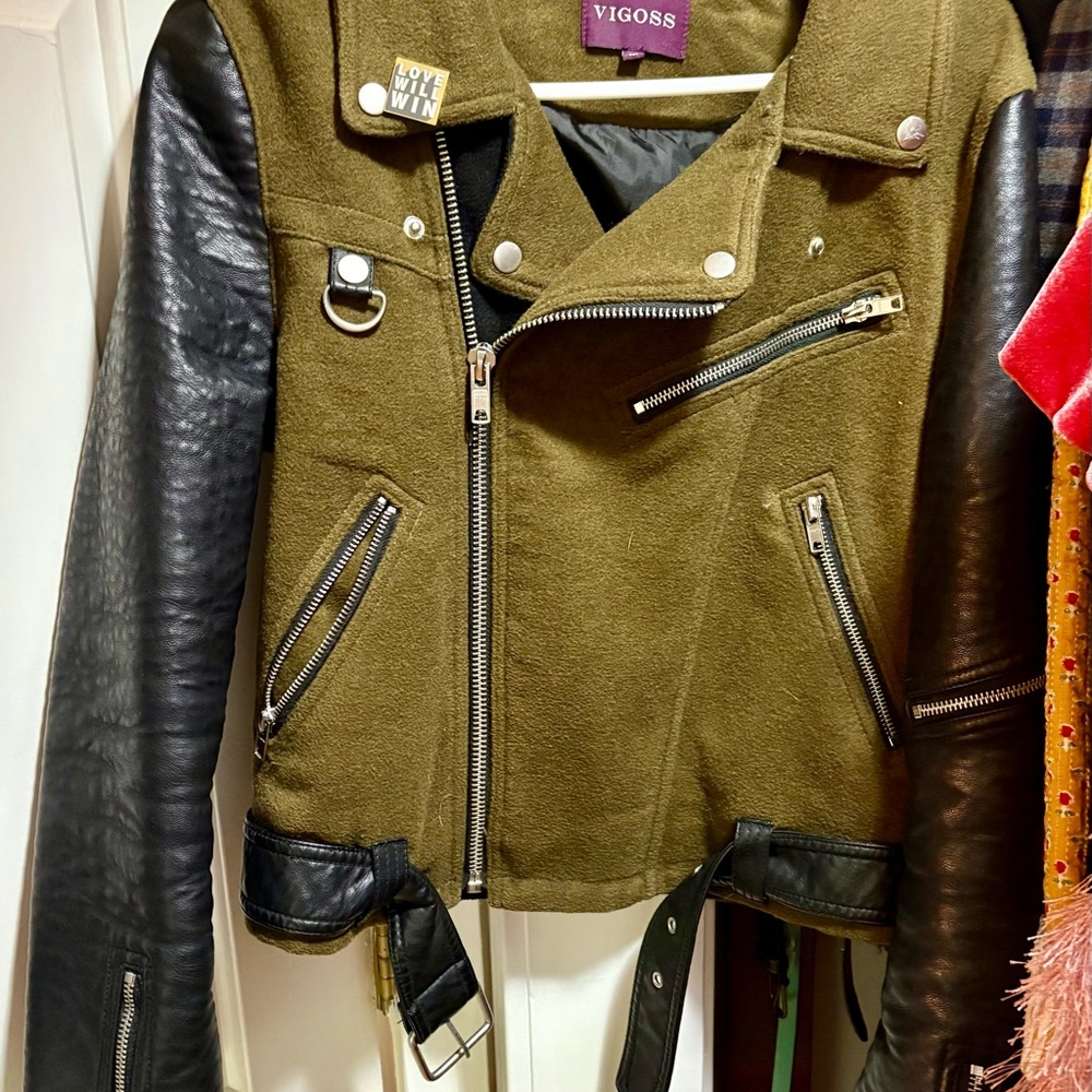 Vigoss Green and Black Leather Jacket with Asymmetrical Zipper